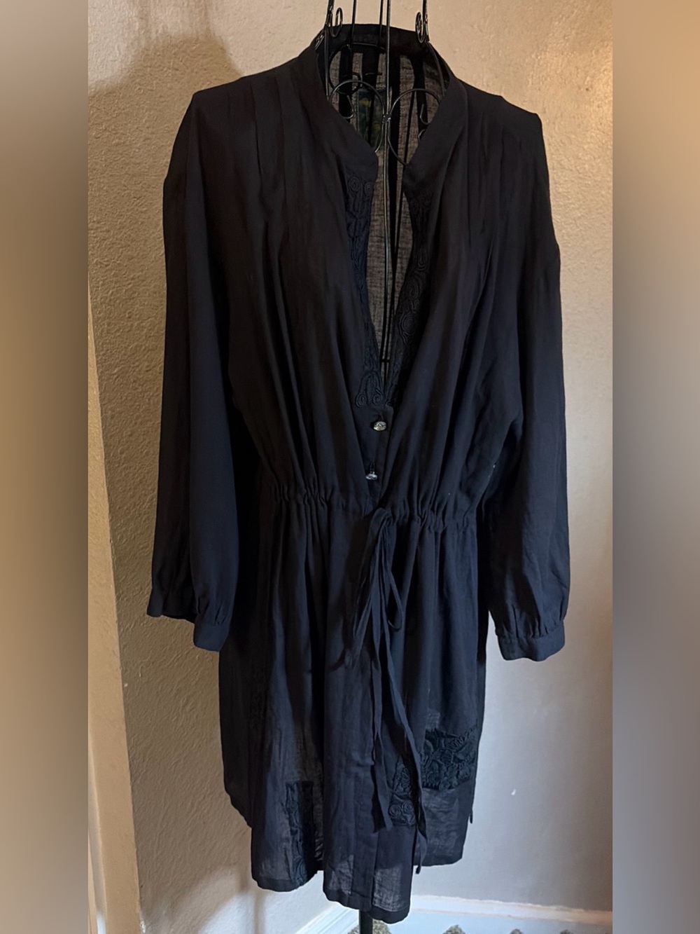 Burning Torch Black Embroidered Swim Cover Up Tunic Drawstring Waist Boho Resort